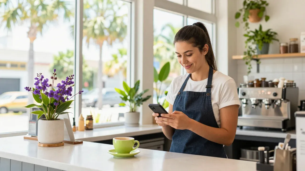 A Miami cafe owner smiling at her phone behind the counter of her bright coffee shop