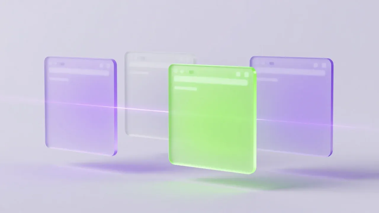 A beam of light scanning floating glass web page panels, with one panel lifted and highlighted in lime