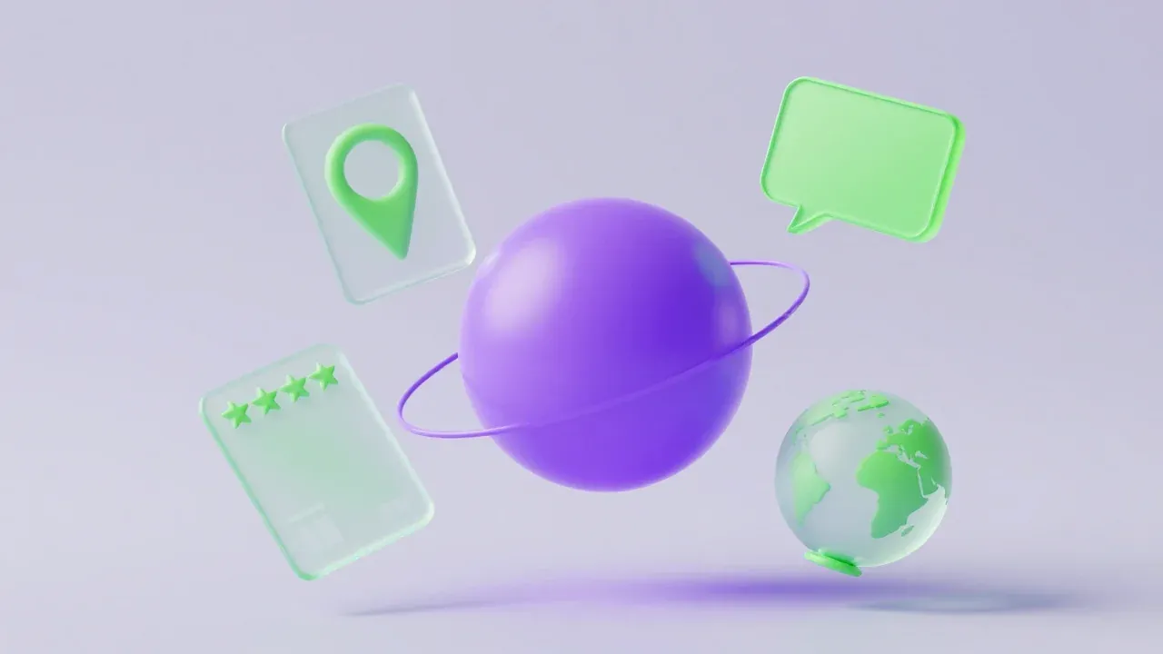 Frosted glass cards for a map pin, reviews, a storefront and a website orbiting one glowing violet sphere, joined by lines of light