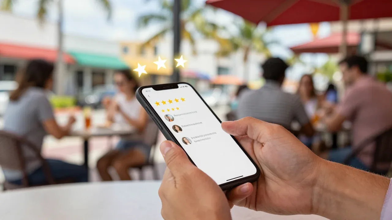 A customer at a sunny Miami restaurant table writing a review on a phone, with five small glowing stars above the screen