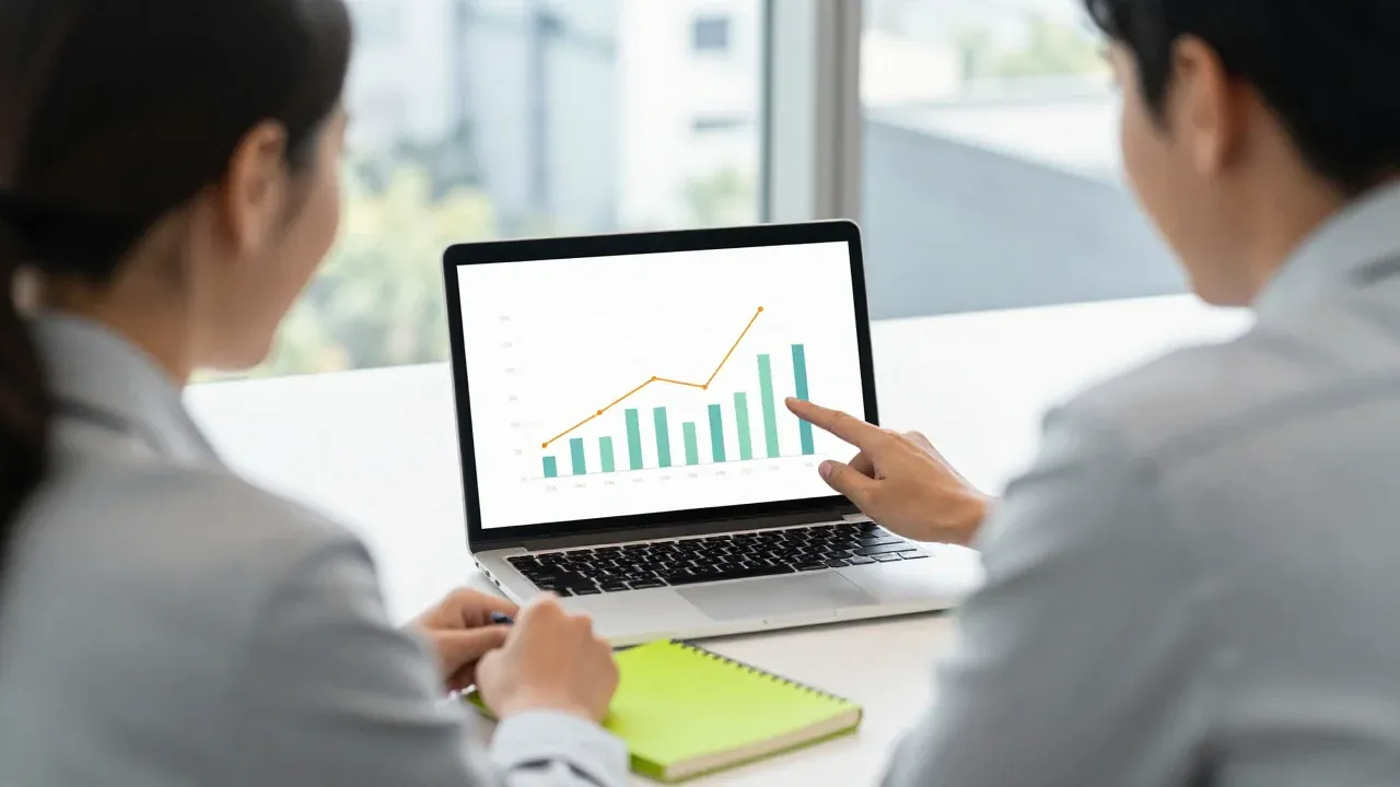 Two business owners in a bright Miami office smiling at a simple colourful chart on a laptop